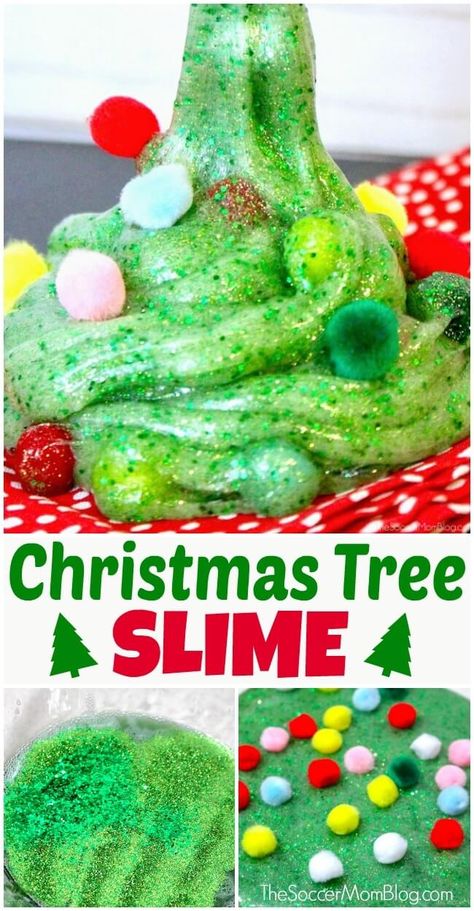 Celebrate the holidays with this lovely scented Christmas tree slime with pom pom ornaments! Click for TWO easy recipes and photo instructions! Slime Christmas, Christmas Slime, Christmas Sensory, Homemade Christmas Tree, Contact Solution, Play Activity, Slime For Kids, Homemade Slime, Sensory Activity