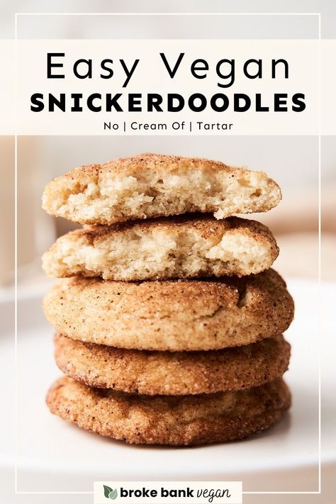 Bake up a batch of these incredible vegan snickerdoodles and treat yourself to the perfect balance of cinnamon and sugar in every bite. Soft, chewy, and utterly delicious, these cookies are bound to become your new favorite dessert. Follow our recipe and enjoy this vegan twist on a classic cookie. #VeganSnickerdoodles #VeganDesserts #CinnamonCookies #PlantBasedBaking Vegan Baked Goods, Healthy Vegan Dessert, Vegan Snickerdoodles, Plant Based Dessert Recipes, Easy Vegan Cookies, Cheesecake Vegan, Cream Of Tarter, Plant Based Desserts, Vegan Cookies Recipes