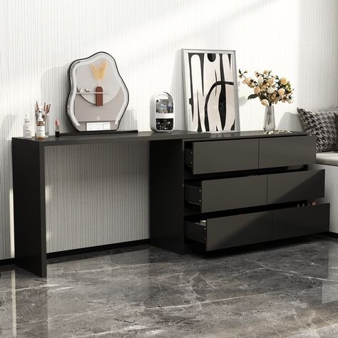 Makeup Desk Rotating Dresser and Desk 6 Drawer Dresser Vanity Makeup - Bed Bath & Beyond - 36484620 Dresser And Desk Combo, Desk Dresser Combo, Dresser And Desk, Dresser Makeup, Black Room Decor, Modern Vanity Table, Malm Dresser, Black Dressers, Dresser Desk