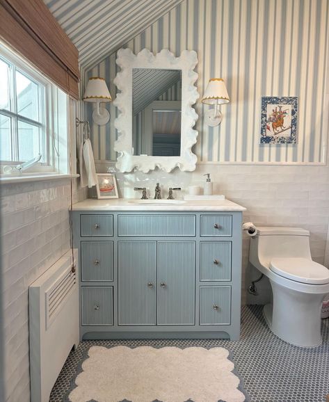 Coastal Blue Bathroom, Playroom Ceiling, Blue Bathroom Design, Blue Bathrooms Designs, Outdoor Living Kitchen, Bathroom Accent Wall, Bathroom Transformation, Bathroom Accents, Gorgeous Bathroom