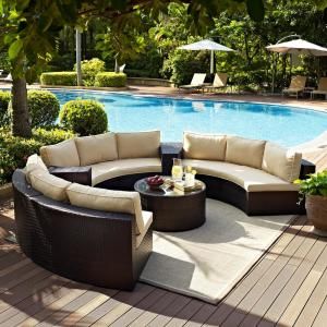 Catalina 6-Piece Wicker Outdoor Sectional Set with Sand Cushions Circle Patio, Wicker Outdoor Sectional, Landscaping Pool, Curved Sectional, Round Glass Coffee Table, House Patio, Backyard Furniture, Pool Backyard, Backyard Pool Landscaping