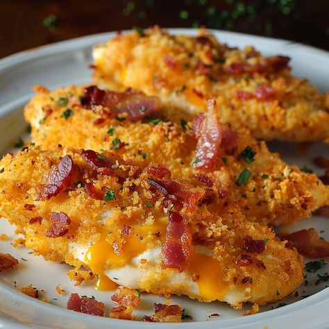 🍗 Cheddar Bacon Chicken Tenders: Crispy, cheesy, irresistible! #CheddarBaconCrunch Cheddar Bacon Chicken Tenders Ingredients: Chicken tenders (1 lb (450 g)) Cheddar cheese, shredded (1 cup (100 g)) Bacon, cooked and crumbled (1/2 cup (75 g)) Bread crumbs (1 cup (120 g)) Eggs (2) Instructions: Coat chicken in beaten eggs. Mix cheddar, bacon, bread crumbs. Bread chicken, bake at 400°F (200°C) for 20 min. 🧀🥓 Every bite is a cheesy, bacon-filled joy! #CheeseBaconTreats Chicken Tenders Crispy, Bacon Treats, Bacon Bread, Bread Chicken, Bacon Chicken, Instagram Recipes, Twisted Recipes, Chicken Bake, Cheesy Bacon