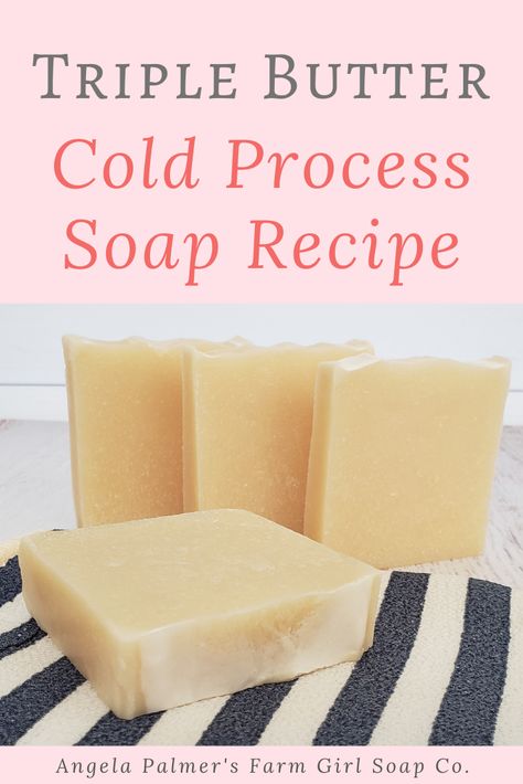 Looking for a cold process soap recipe with shea butter? This triple butter cold process soap recipe contains loads of it, plus rich cocoa butter and mango butter too. This highly moisturizing soap recipe creates a hard bar with lots of bubbly, creamy lather. Naturally scented with essential oil, this recipe produces a luxurious, premium bar. Ready to learn how to make this cold process soap recipe with shea butter? Pin to save then click over for the triple butter cold process soap recipe. Cold Pressed Soap Recipes, Cold Press Soap Recipes, Shea Butter Soap Recipe, Natural Soaps Recipes, Cold Pressed Soap, Cocoa Butter Soap, Homemade Soap Bars, Easy Soap Recipes, Diy Soap Recipe