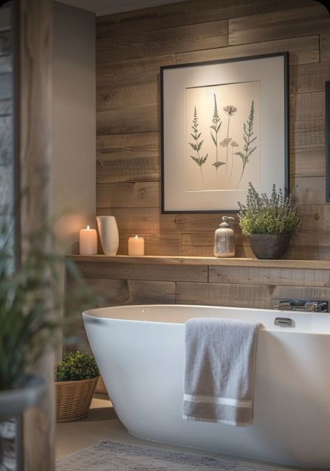 Rustic Modern Bathroom Decor, Cozy Clean Bathroom Ideas, Masterbath Ideas Decor, Earthly Bathroom, Rustic Organic Home Decor, Shelf Above Tub, Bathtub Shelf Ideas, Modern Bathrooms Designs, Bath Tub Decor Ideas