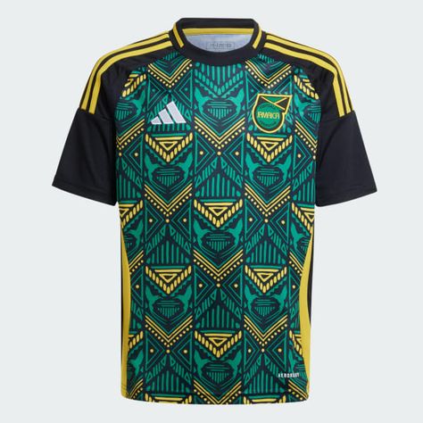 Feel the spirit of Jamaica on the pitch and in the stands. Including national symbols and a vibrant design inspired by the country's rich heritage, the colourful print on this juniors' adidas away jersey is hard to miss. Designed to keep young fans proud, this football shirt includes moisture-managing AEROREADY and an embroidered team badge.This product is made with 100% recycled materials. By reusing materials that have already been created, we help to reduce waste and our reliance on finite resources and reduce the footprint of the products we make. Jersey Ideas, Adidas Country, Sport Shirt Design, Team Badge, Adidas Jersey, Sport Clothes, National Symbols, Adidas Kids, Football Kits