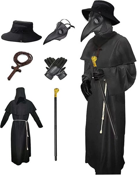 【6 IN 1】Package included all you need : Bucket hat,Leather plague mask,Black robe ,Wooden cross necklace,Gloves and Scepter Plague Dr, Beak Mask, Plague Doctor Costume, Plague Mask, Plague Doctor Mask, Doctor Costume, Doctor Outfit, Doctor Mask, Plague Doctor