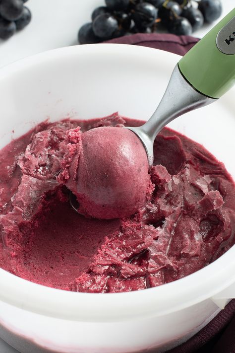 Concord Grape Sorbet is made with fragrant Concord grapes and just enough sugar to highlight the pure fruit flavor. It's beautiful in it's simplicity and it's simply beautiful. Grape Sorbet Recipe, Concord Grape Recipes, Grape Sorbet, Grape Ice Cream, Concord Grapes, Sorbet Is, Grape Uses, Grape Recipes, Brownie Pan