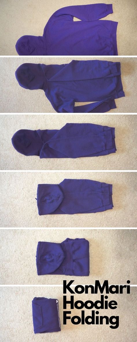 The KonMari Folding Method with a hoodie. #konmari #organization #konmarifolding #konmarifoldingmethod Folding Clothes Hoodie, How To Pack Hoodies, Konmari Folding Method, Folding Clothes To Save Space Hoodies, Hoodies Organization Closet, Hoodie Folding Hacks, Hoodie Organization, Hoodie Organization Ideas, Hoodie Storage Ideas