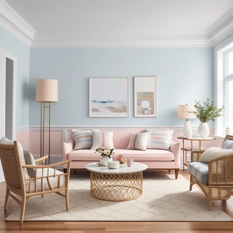 light blue living room with blush accents Pastel Blue Living Room, Light Blue Living Room Walls, Pink And Blue Living Room, Pastel Blue Wall, Light Blue Living Room, Blue Walls Living Room, Light Pink Walls, Light Blue Walls, Pastel Home Decor