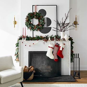 Merry + Just Right Mantel Bundle West Elm Christmas, Stocking Mantle, Modern Mantle, Hello Holidays, Felt Tree Skirt, Reindeer Stocking Holder, Striped Christmas Stocking, West Elm Furniture, Mantle Ideas