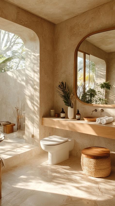 37 Breathtaking Modern Bathroom Designs for Your Home Natural Inspired Bathroom, Tulum Style Bathrooms, Neutral Coastal Bathroom Ideas, Natural Earthy Bathroom, Mediterranean Accent Wall, Organic Mirror Bathroom, Burnt Orange Bathroom Ideas, Earthy Modern Bathroom, Midcentury Bathroom Design