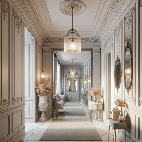 This hallway captures the essence of Parisian chic, with features such as ornate moldings, high ceilings, and vintage furniture. It is decorated with subtle, pastel hues and hued accents. A chic pendant hanging light fixture adorns the middle of the hallway, casting a soft glowing ambiance. An elegantly framed mirror hangs on the wall, reflecting the intricate design elements of the corridor. Note that this image is supposed to serve as inspiration for a home remodel. French House Interior, Parisian Chic Interior, Stunning Hallway, Hallway Decor Ideas, Modern Parisian, Vintage Hallway, Hotel Hallway, French Interior Design, Hallway Inspiration