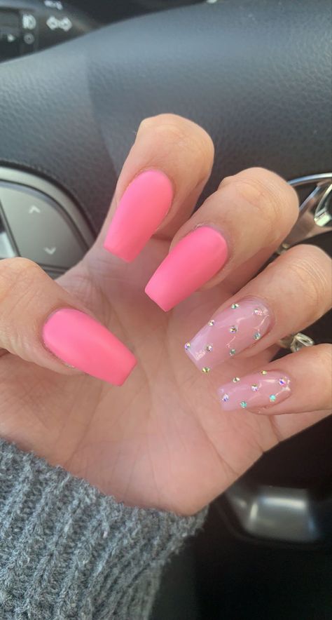 #pink #rhinestone #nails Pink Square Nails With Rhinestones, Hot Pink Nails With Gems, Pink Nails Rhinestones, Rhinestone Nails Pink, Pink Nails With Gems, Pink Rhinestone Nails, Pink Nails With Rhinestones, Hoco Nails, Baby Pink Nails