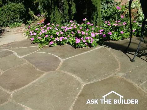 Flagstone Mortar Mix Paving Bricks, Sand Patio, Diy Pathway, Flagstone Pathway, Flagstone Pavers, Land Ideas, Crushed Granite, Flagstone Walkway, Patio Installation