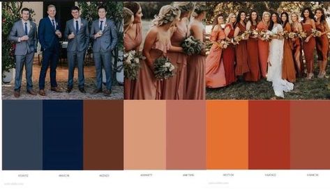 Sunset Bridal Party Colors, Outdoor Wedding Color Schemes, Wedding Styles Themes, Fall Outdoor Wedding, Wedding Color Schemes Blue, Wedding Theme Color Schemes, Orange Wedding Colors, Fall Wedding Color Schemes, Groomsmen Grey