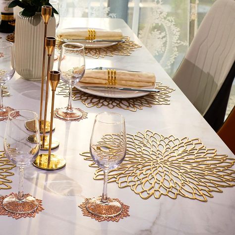 12 Pairs Gold Placemats and Matching Coasters Gold Metallic Round dinner party Placemats Gold Placemats Table Setting, Gold Placemats, Throw A Party, Star Pillows, Festival Wedding, Gold Material, Table Setting, Selling On Etsy, Laminate