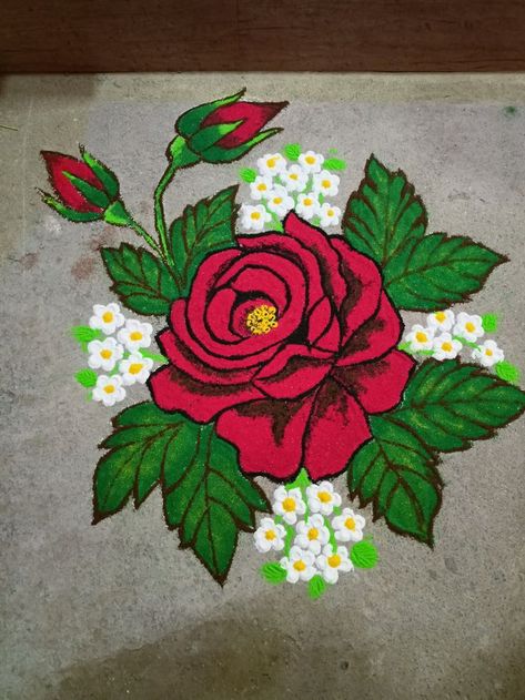 Gulab Rangoli Designs, Classic Rangoli Designs, Rangoli Designs Of Flowers, Rangoli On Rough Surface, Rangoli Flowers Designs Ideas, Lotus Flower Rangoli Design, Tulsi Puja Rangoli, Rangoli Designs 2024, Simple Flower Design Rangoli