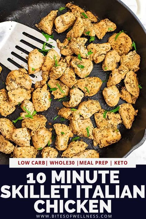 10 Minute Skillet Italian Chicken is the perfect quick and healthy dinner idea! This easy skillet chicken dish is seasoned with Italian seasoning and is perfect for adding to pasta, zoodles, sandwiches, wraps, pizzas and more! Great for quick and simple weeknight dinners or meal prep! Gluten free, low carb, paleo, Whole30 and keto friendly! Meal Prep Gluten Free, Simple Weeknight Dinners, Easy Skillet Chicken, Whole30 Meal Prep, Easy Whole 30 Recipes, Sandwiches Wraps, Healthy Chicken Recipes Easy, Mind Diet, Easy Skillet