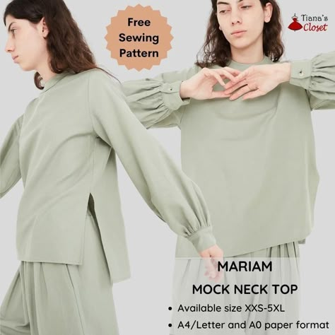 Mariam mock neck hi low top – Free PDF sewing pattern – Tiana's Closet Mock Neck Shirt Pattern, Long Sleeve Top Sewing Pattern Free, Top Free Pattern Sewing, Boxy Top Pattern, Clothing Pattern Design, Free Pattern Download, Save The Earth, Upcycle Sewing, Free Pdf Sewing Patterns