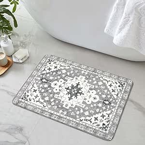 Uphome Boho Vintage Bathroom Rugs Gray Non-Slip Soft Bath Mat Machine Washable Oriental Small Bath Rug Traditional Tribal Floral Bath Mats for Sink Shower Doorway Tub, 18x25 inch Bathroom 2023, Aesthetic Bath, Floral Floor, Retro Bathrooms, Floral Bath, Small Bath, Bathroom Rug Sets, Traditional Farmhouse, Rug Traditional