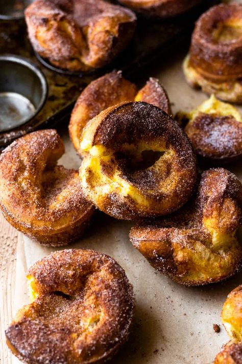 Churro Popovers, Homemade Vanilla Icing, Popover Recipe, Apple Streusel, Sugar Donut, Vanilla Icing, Homemade Vanilla, Muffin Tin, Cinnamon Sugar