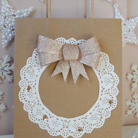 Catherine | DIY doily dress gift bag. Following on from my Christmas tree doily gift bag I wanted to create another DIY doily gift bag which would be... | Instagram Brown Bag Gift, Decorate With Ribbon, Gift Bag Diy, Doily Dress, Diy Doily, Budget Friendly Christmas Gifts, Christmas Gift Wrapping Diy, Brown Paper Bags, Diy Christmas Wreath