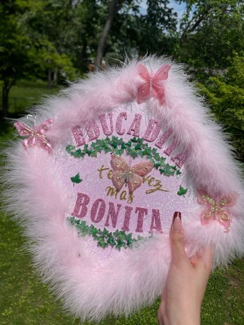 Beauty And Brains Graduation Cap, Pink Girly Graduation Cap, Airbrush Graduation Cap, Graduation Cap Decoration Spanish, Fluffy Graduation Cap, Grad Cap Designs Spanish, Girly Cap Decoration Graduation, Graduation Cap Designs Nail Tech, Si Se Pudo Graduation Cap