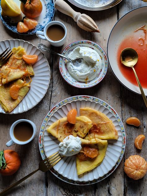 Blood Orange Crêpes Suzette | The Lemon Apron Citrus Butter, Dessert Crepes, Autumn Breakfast, Winter Brunch, Frozen Fruit Smoothie, Brunch Dessert, Granola Recipe Healthy, Winter Breakfast, Zesty Sauce