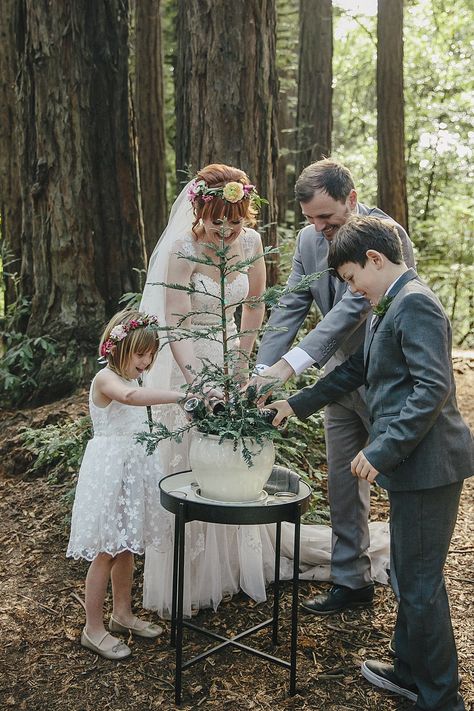 Blended Family Wedding Ceremony, Blended Family Sand Ceremony, Blended Family Photos, Tree Planting Ceremony, Blended Wedding, Redwood Forest Wedding, Blended Family Wedding, Photo Blend, Unity Ceremony