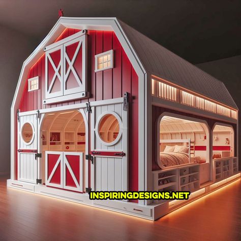 These Giant Barn Shaped Kids Beds Have Stables For Their Toy Horses Horse Stable Bedroom Ideas, Barn Beds For Kids, Horse Stall Bedding, Toddler Barn Bed, Horse Bed Covers, Horse Room Decor, Toy Horse Stable, Under Bed Lighting, Farm Bedroom