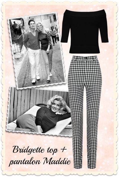 Dress like a star! Brigitte Bardot and Marilyn Monroe loved wearing blakc & white gingham trousers, find them at missretrochic.com now! Maddie hight waist trousers & Brisgette "Bardot" top - Miss Retro Chic retro, vintage & glamour boutique Marylin Monroe Outfit Inspiration, Marilyn Casual Style, Marilyn Monroe Outfits 50s, 40s Hollywood Fashion, 50s Style Pants For Women, Dress Like Marilyn Monroe, 50s Fashion Marilyn Monroe, Marilyn Outfits, 50s Tops Women