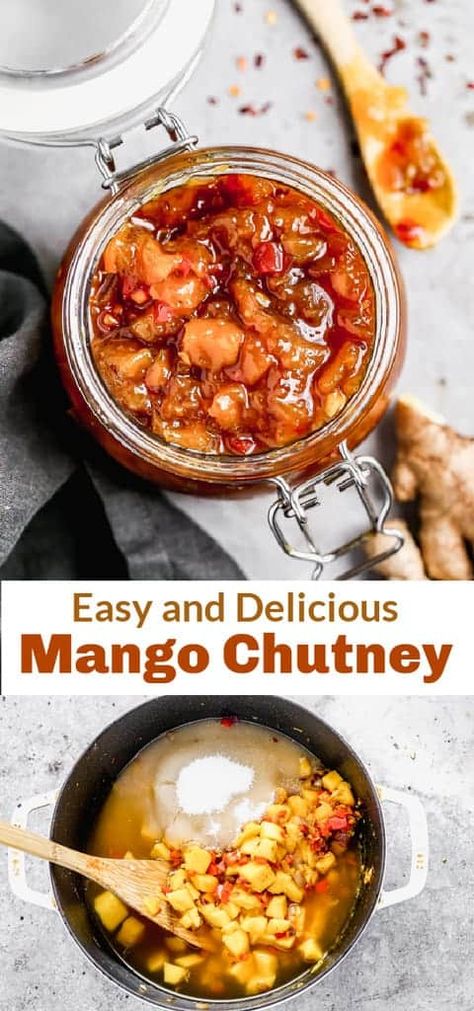 This Mango Chutney recipe is packed with flavor from fresh mangos, onion, bell pepper and spices. Enjoy it over chicken, pork or lamb, as a dip or marinade, with sweet or savory dishes, or with a side of Naan. via @betrfromscratch Vegan Spreads, Mango Chutney Recipe, Pesto Hummus, Relish Recipes, Mango Chutney, Chutney Recipe, Savory Dishes, Mango Recipes, Chutney Recipes