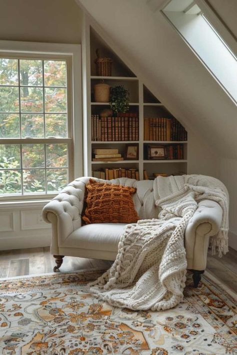 Small Cozy Seating Area, Playroom Bunkroom, Farmhouse Bonus Room Ideas, Built In Shelves Bonus Room, Bonus Room Bookshelves, Small Living Room Addition, Ideas For Loft Space, Home Library Furniture Ideas, Cozy Tiny Room