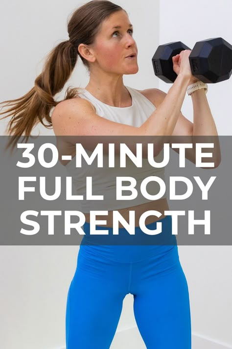 Build full body strength with an emphasis on a strong core with this DUMBBELL ONLY strength workout! Perfect for women working out at home or for taking to the gym! This 30 minute workout hits every major muscle group in the body: the arms, legs, back, chest and core! 30 Min Dumbell Workout For Women, 30 Minute Weight Workout For Women, 30 Min Full Body Workout Gym, Home Weight Training For Women, 30 Minute Strength Training Workout, Total Body Workout At Gym, Dumbbell Workout Women, Nml Workouts, Full Body Dumbbell Workout For Women