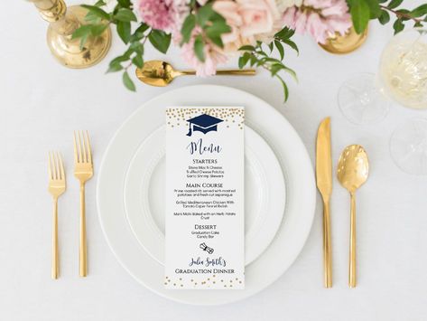 Graduation Party Menu Template, Editable Graduation Menu, Graduation Decorations, Graduation Party Ideas, Graduation Dinner Menu, GG1 Graduation Dinner Table Ideas, Graduation Party Menu Ideas, Graduation Menu, Party Menu Template, Blush Floral Wedding, Graduation Dinner, Navy And Blush, Graduation 2024, Printable Menu