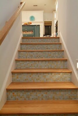 Tiled Stairs, Mosaic Stairs, Tiled Staircase, Stair Makeover, Indoor Ideas, Tile Stairs, House Of Turquoise, Stair Case, Coastal Living Rooms