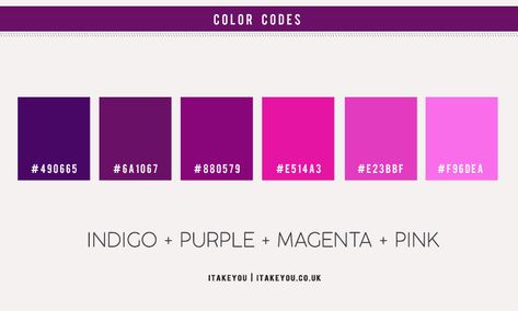 Indigo magenta pink and purple color scheme I Take You | Wedding Readings | Wedding Ideas | Wedding Dresses | Wedding Theme Magenta Vs Fuschia, Magenta Pallete, Pink And Purple Color Scheme, Pink And Purple Color Palette, Magenta Color Palette, Purple Color Palette, Color Inspiration Boards, Graduation Dinner, Indigo Purple