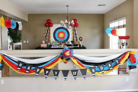 Adorable Archery Themed Birthday Party via Kara's Party Ideas Kara'sPartyIdeas.com #Tween #BowAndArrow #PartyIdeas #Supplies #archery #hungergames #robinhood Archery Decorations, Warrior Theme Party, Archery Goody Bags, Archery Party Ideas, Archery Themed Birthday Party, Archery Birthday Party Invitations, Archery Birthday Party, Archery Birthday, Archery Party