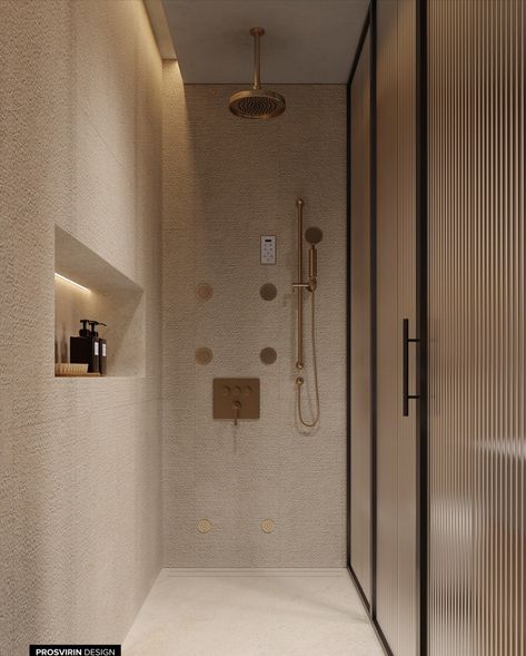 Beige Theme Bathroom, Creme Bathroom, Beige And Black Bathroom Ideas, Beige And Black Bathroom, Gold Shower Head, Vibe Bathroom, Modern Beige Bathroom, Beige Bathrooms, Zen Bathroom Decor