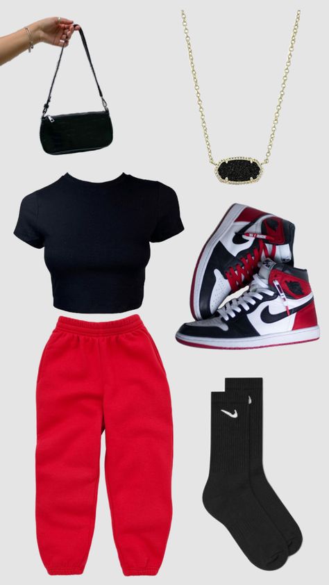 black and red outfit #black #red #outfit #redsweatpants #sweatpants #comfy #fit #shoes #viral Outfits With Baggy Black Sweatpants, Red Baddie Outfits For School, Red Outfits Black Women Baddie, Outfits With Red Sweatpants, How To Style Red Sweatpants, Cute Black And Red Outfits, Red Sweat Pants Outfits, Sweat Pants Outfit Black Women, Red Sweats Outfit