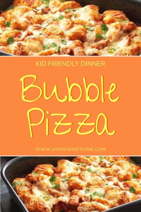 Bubble Pizza Recipe. Bubble pizza is a kid friendly dinner, but hearty enough for adults with the addition of pepperoni and hamburger. This is a perfect weeknight recipe, a few ingredients and dinner is done fast. | Moms Who Think Bubble Pizza Recipe, Kid Dinners, Bubble Pizza, Bubble Up Pizza, Meal Train, Kid Meals, Kid Recipes, Meal Train Recipes, Kids Meal