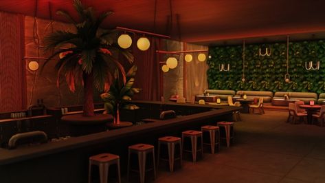 Club Tropics [ Nightclub + Restaurant] ♥ The Sims 4: Build // CC | Patreon Night Club Cc Sims 4, Sims 4 Restaurant Build Cc, Ts4 Restaurant Build, Sims 4 Romantic Restaurant, Sims 4 Bowling Alley Build, Sims 4 Rooftop Bar, Sims 4 Brunch Restaurant, Night Club Floor Plan, Sims 4 Cc Club Furniture