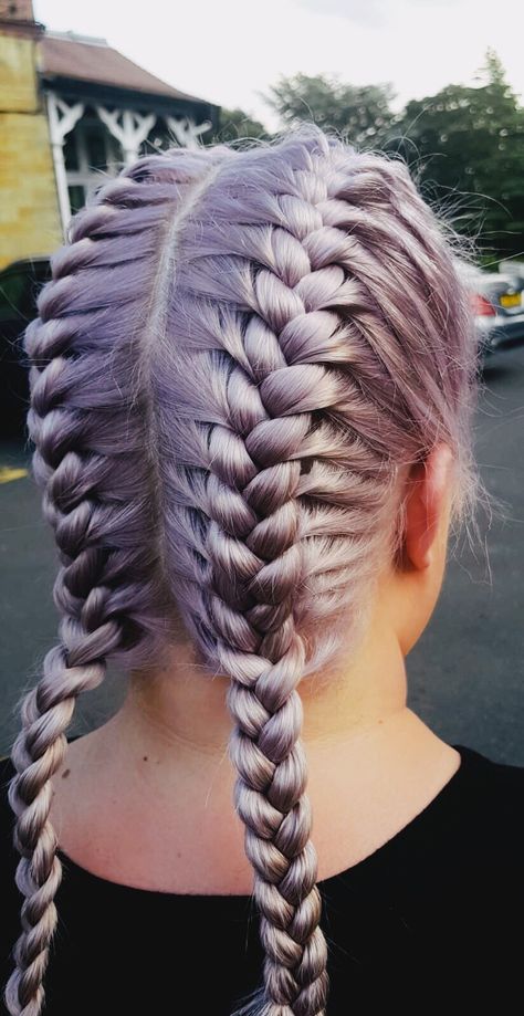 Metallic Purple Pastel hair in French plaits 💜 French Plait Hairstyles Short Hair, Two Plats Hairstyle, Hair Plates Hairstyles, Two Plates Hairstyles, French Plates Hairstyles, Hair Plaits Ideas, Plats Hair, Scalp Plaits, Hair Plats