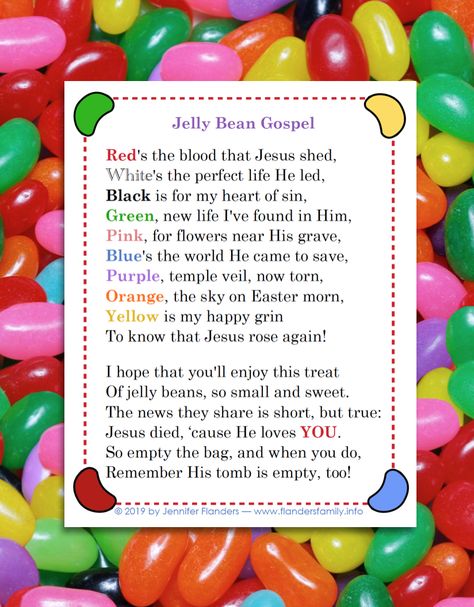 Free "Jelly Bean Gospel" Printable Jelly Bean Gospel Printable, Jelly Bean Easter Poem, Jelly Bean Easter Story Free Printable, Jelly Bean Prayer Free Printable, Jelly Bean Gospel, Prek Easter, Jelly Bean Prayer, Faith Activities, Easter Jelly Beans