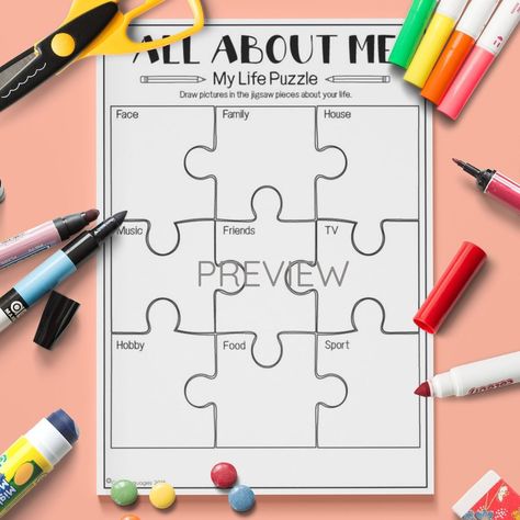 ESL Kids All About Me 'Life Puzzle' #backtoschool All About Me Games, Esl First Day Activities, All About Me Puzzle, All About Me Drawing, About Me Drawing, English Language Activities, About Me Printable, Boy Activities, Classroom 2023