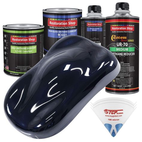 Restoration Shop - Nightwatch Blue Metallic Low VOC Urethane Basecoat with Clearcoat Auto Paint - Complete Medium Quart Paint Kit - Professional High Gloss Automotive, Car, Truck Coating Midnight Blue Car, Professional Single, Cherry Pearl, Car Paint Colors, Vw Beetle Convertible, Auto Paint, Paint Mixing, High Gloss Paint, British Racing Green