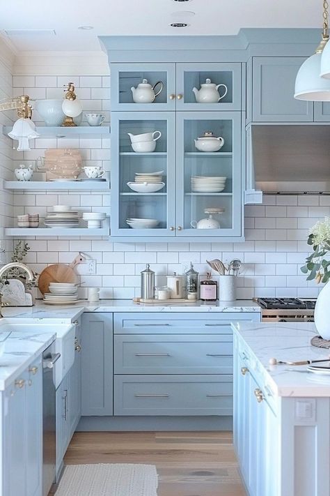 Kitchen Cabinet Light Blue, Baby Blue Cabinets Kitchen, Kitchen Ideas Pastel, Light Blue And White Kitchen, Light Blue Kitchen Ideas, Pink And Blue Kitchen, Pastel Blue Palette, Light Blue Kitchen Cabinets, Baby Blue Kitchen