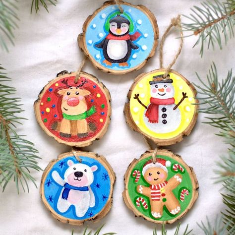 Hand Painted Wood Christmas Ornaments Wood Slice Ornaments - Etsy Canada Christmas Mini Paintings, Christmas Ornaments Wood Slice, Painted Wood Christmas Ornaments, Ornaments Wood Slice, Christmas Ornaments Wood, Wood Slice Ornaments, Ornaments Wood, Christmas Log, Circle Crafts