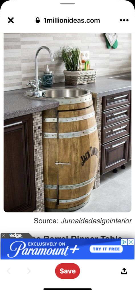 Wine Barrel Ideas, Wine Barrel Decor, Barrel Sink, Cabin Bar, Wine Barrel Table, Barrel Ideas, Whiskey Barrel Furniture, Rustic Ceiling Lights, Wine Closet