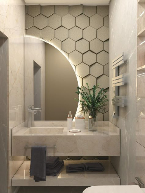 Bathroom 3d Tiles, Honey Tiles Bathroom, Toilet Wall Tiles Pattern, Honeycomb Tile Bathroom, Trendy Bathroom Ideas Modern, 3d Tiles Bathroom, Hexagon Tiles Bathroom, Honeycomb Bathroom, Half Tiled Bathroom Walls